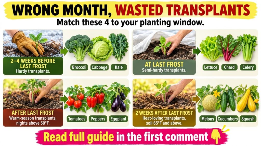 An infographic showing a planting schedule for various vegetables based on the last frost date with sections for differe