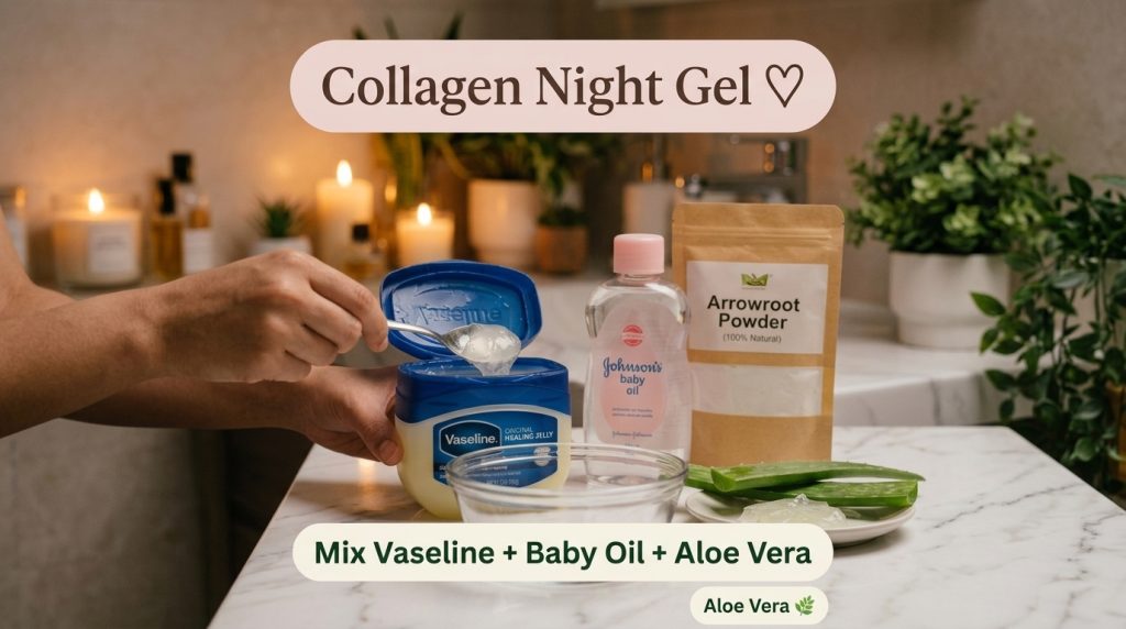Ingredients for a homemade beauty recipe on a marble countertop including hands scooping Vaseline a bottle of baby oil a