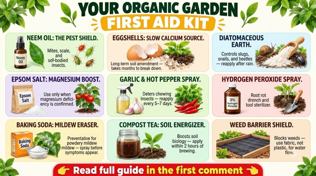 An infographic titled YOUR ORGANIC GARDEN FIRST AID KIT showing nine natural solutions in a 3x3 grid including neem oil 