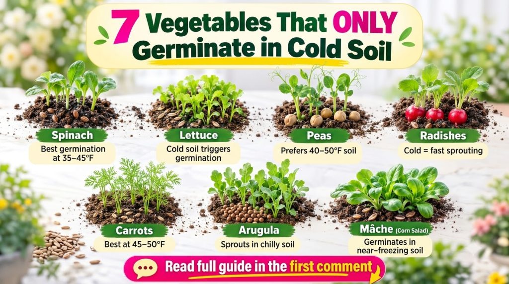 An infographic showcasing seven different vegetables Spinach Lettuce Peas Radishes Carrots Arugula Mâche as young seedli