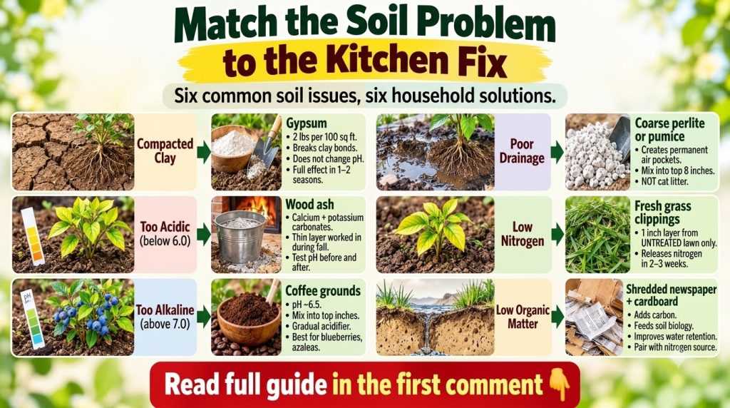 An infographic showing six common garden soil problems and their corresponding kitchen-based solutions Each problem like