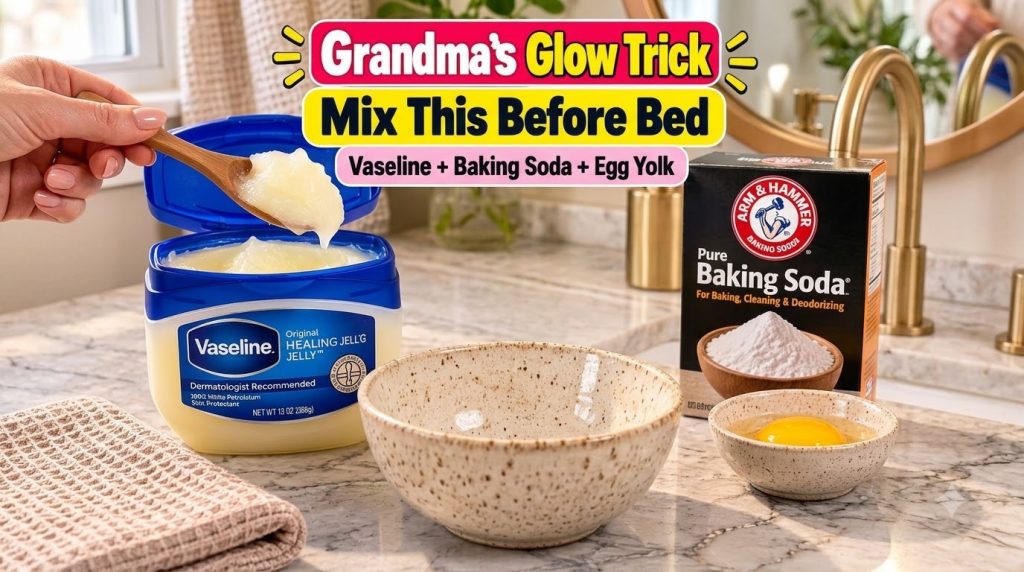Ingredients for Grandma s secret glow mask a tub of Vaseline with a spoon a bowl of baking soda an egg yolk in a separat