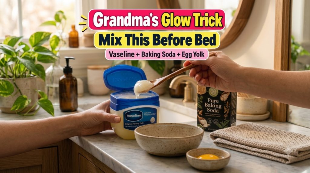A close-up overhead view of ingredients for a homemade face mask including a hand holding a wooden spoon filled with Vas