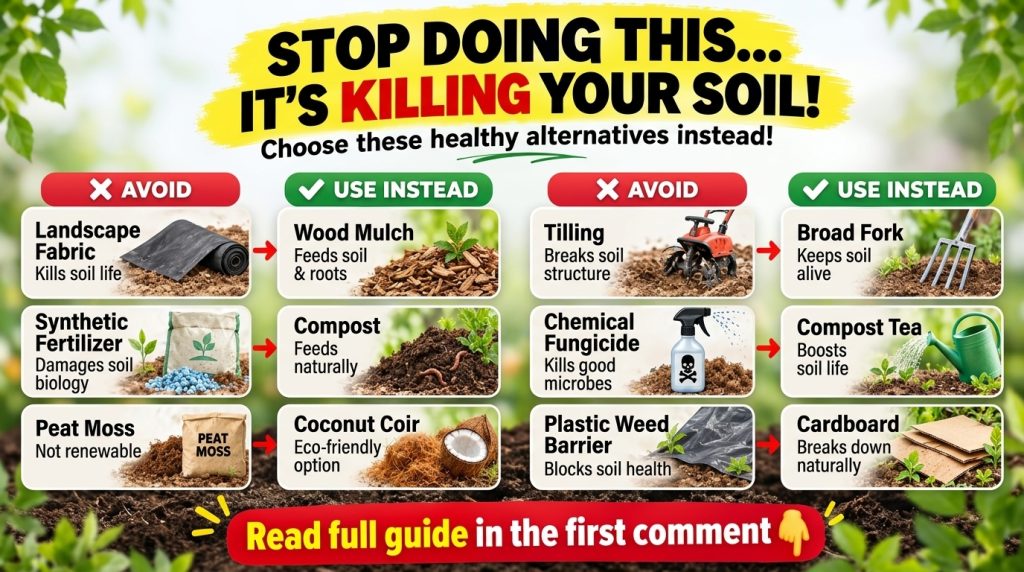 An infographic comparing AVOID and USE INSTEAD gardening practices for soil health showing pairs of examples with small 