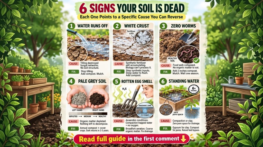 An infographic titled 6 SIGNS YOUR SOIL IS DEAD showing six distinct visual examples of unhealthy soil with brief descri