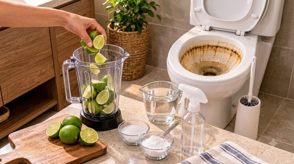 A close-up of a hand dropping sliced limes into a blender with salt baking soda and water on a countertop and a stained 