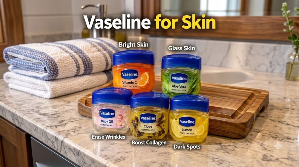 Five small jars of Vaseline Protecting Jelly each with a distinct variant like Vitamin C Aloe Vera Baby Oil Clove and Le
