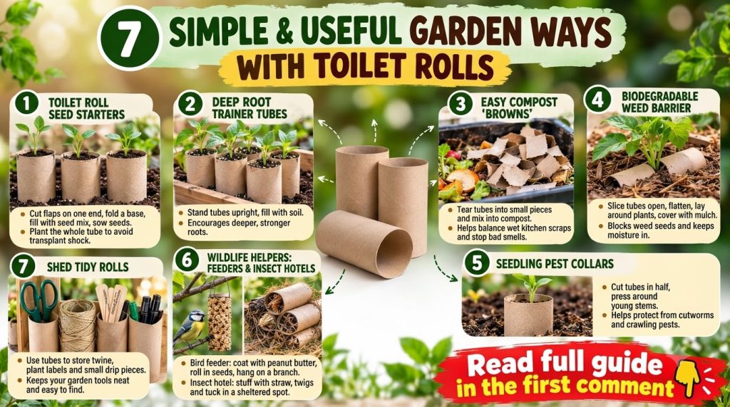 An infographic showing 7 different ways to use toilet paper rolls in a garden with examples like seed starters seedling