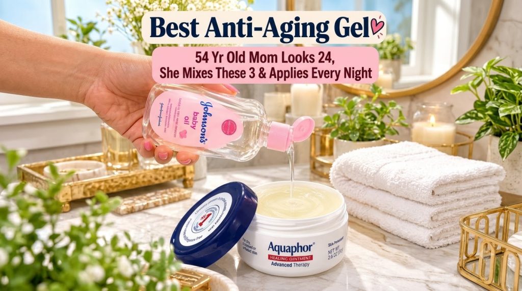 A hand pouring baby oil into a jar of healing ointment on a clean bathroom counter with a lit candle and green foliage i