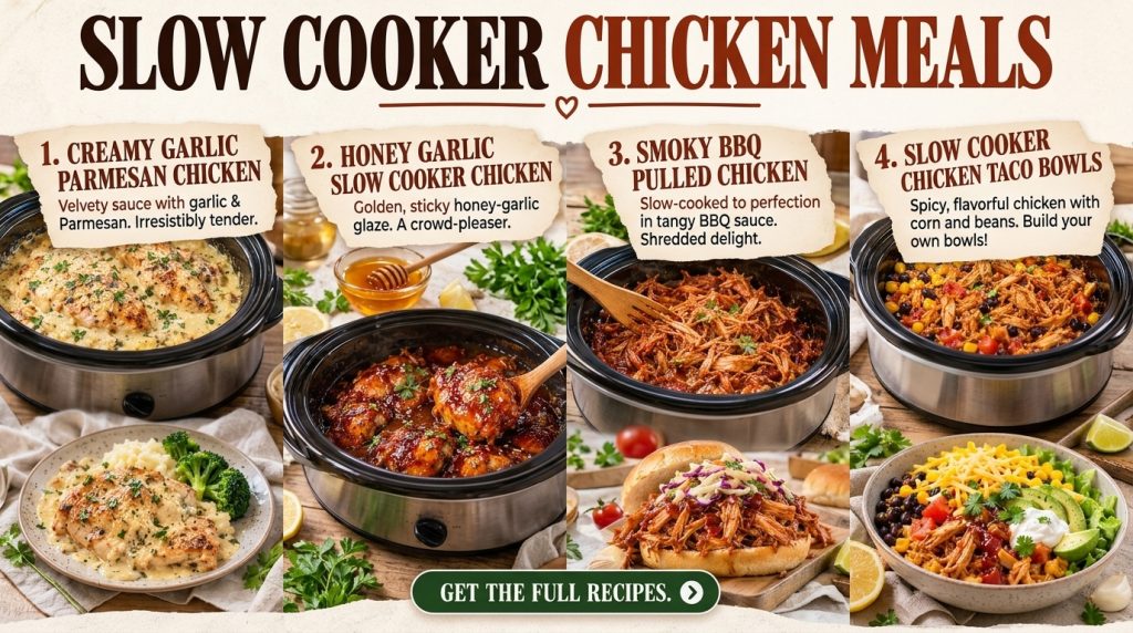A collage of four different slow cooker chicken meals each shown cooking in a slow cooker and then plated beautifully Th
