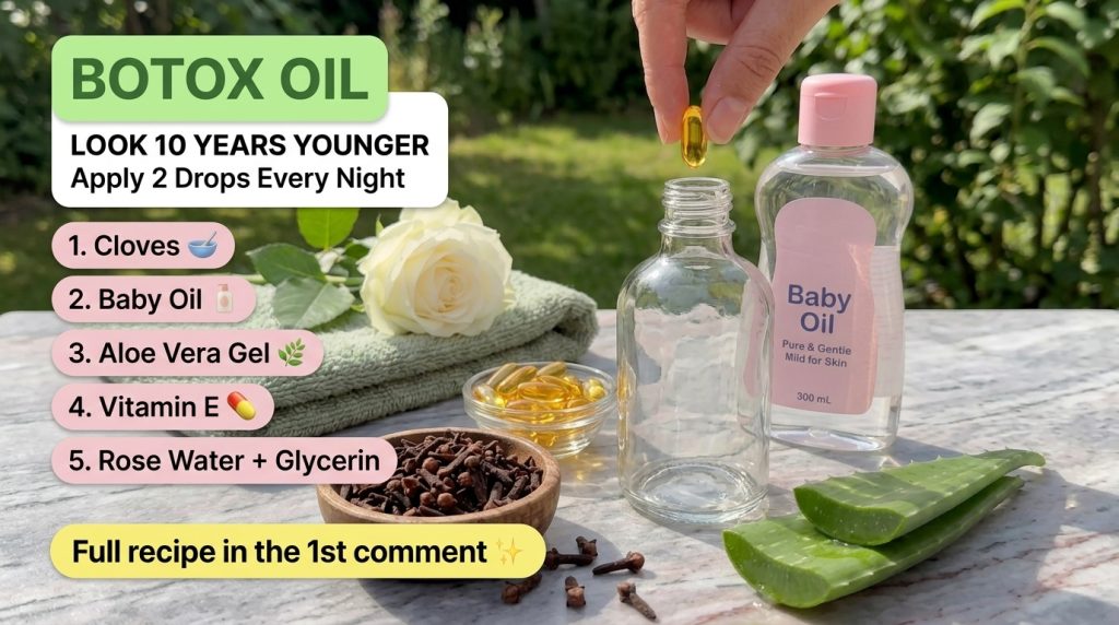A collection of natural ingredients for DIY skincare on a marble surface including cloves baby oil aloe vera and vitamin
