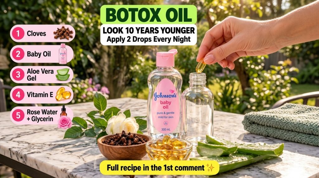 A flat lay of natural ingredients for DIY Botox Oil baby oil bottle dropper bottle cloves in a wooden bowl aloe vera sli