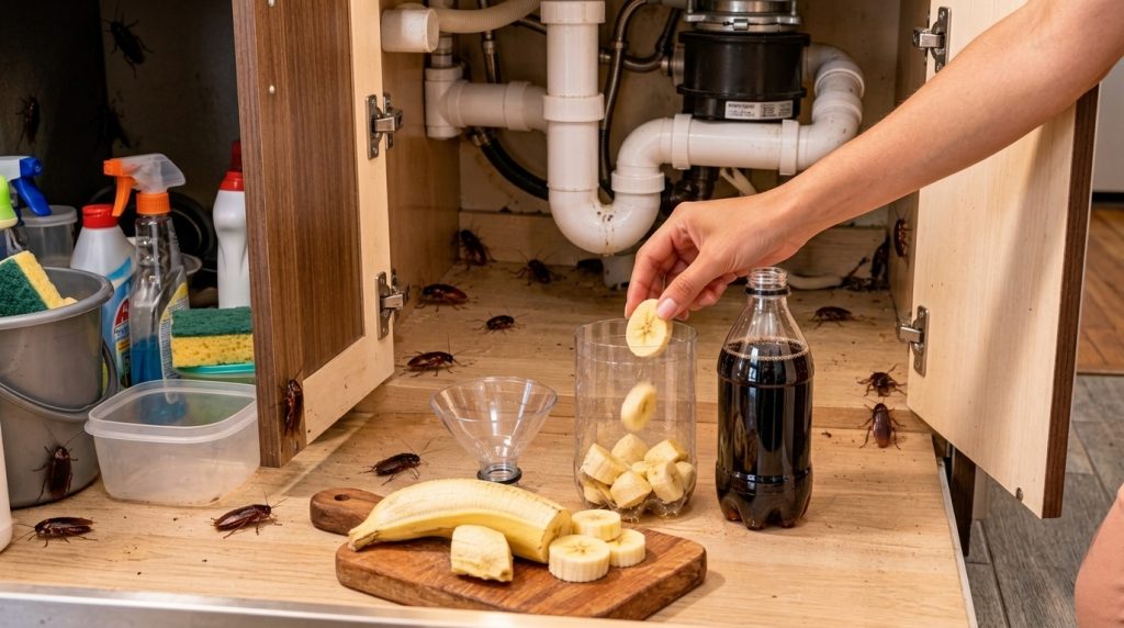 A hand dropping a banana slice into a clear plastic bottle which already contains banana pieces and a dark liquid under 