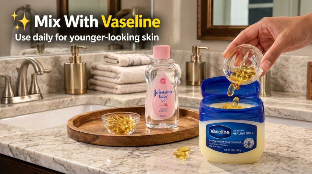 A hand gently pouring golden vitamin E capsules into an open tub of Vaseline Original Healing Jelly on a light marble co