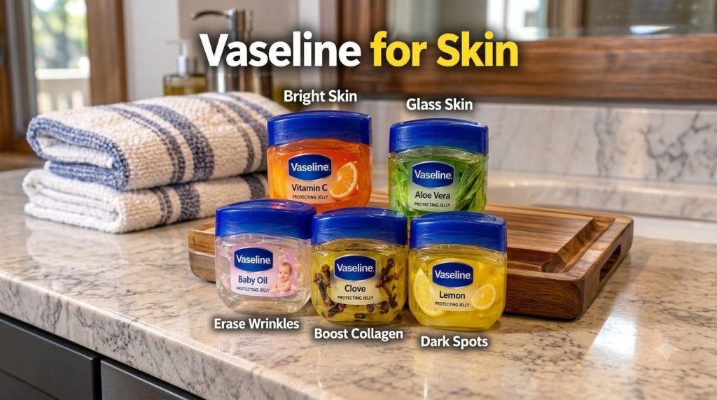 Five distinct jars of Vaseline Protecting Jelly each featuring a different ingredient and skin benefit arranged on a bat