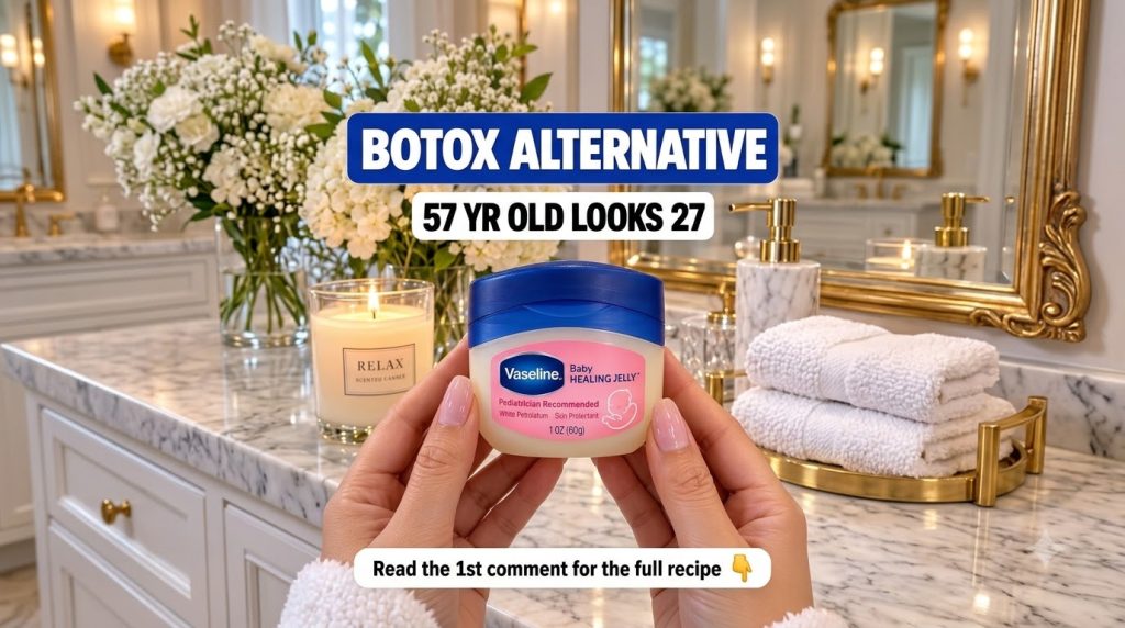 A pair of hands holding a small jar of Vaseline Baby Healing Jelly against an elegant bathroom backdrop with a lit candl