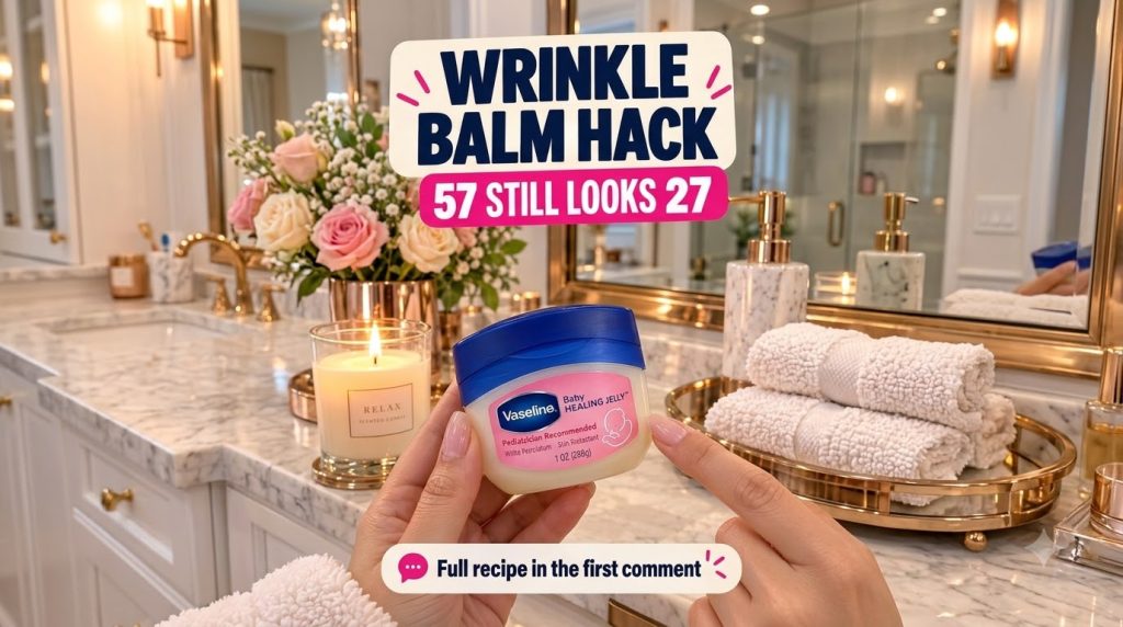 Hands holding a jar of Vaseline Baby Healing Jelly against a luxurious bathroom vanity with a candle and roses