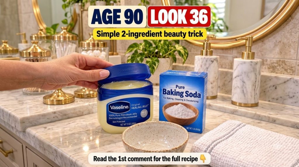 A hand holding an open jar of Vaseline a box of baking soda next to it and an empty ceramic bowl on a clean bathroom cou