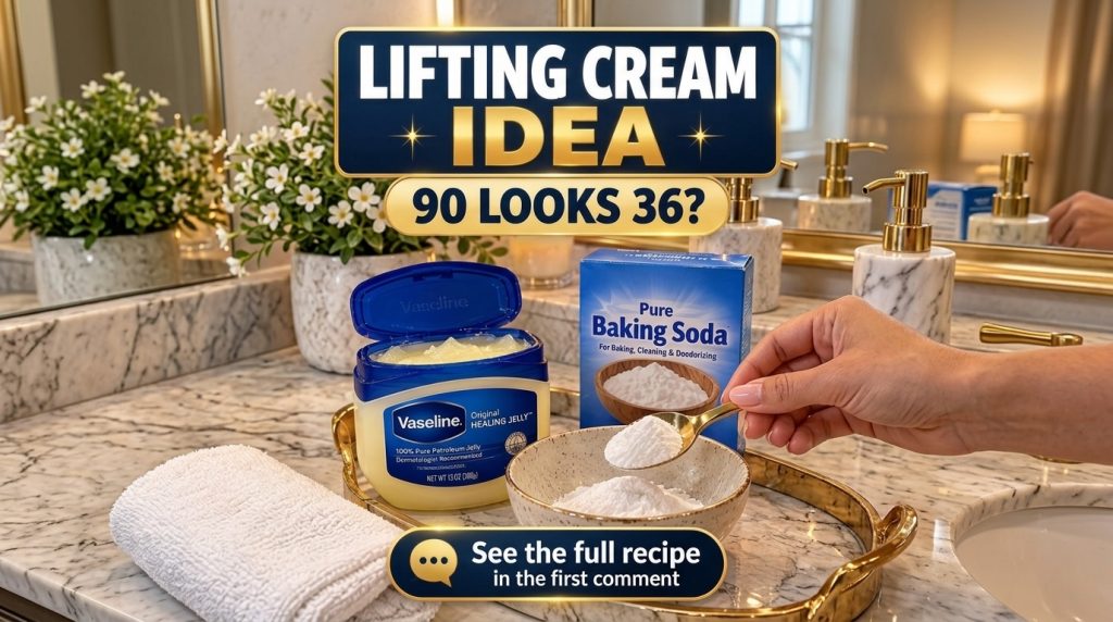 A hand scooping baking soda into a bowl on a marble countertop with an open jar of Vaseline and aloe vera gel container 