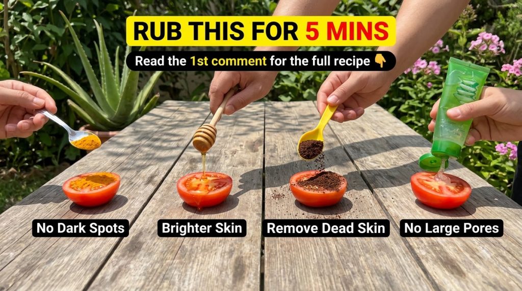A vertical collage of four panels each showing a hand holding a half-tomato Different natural ingredients are being adde