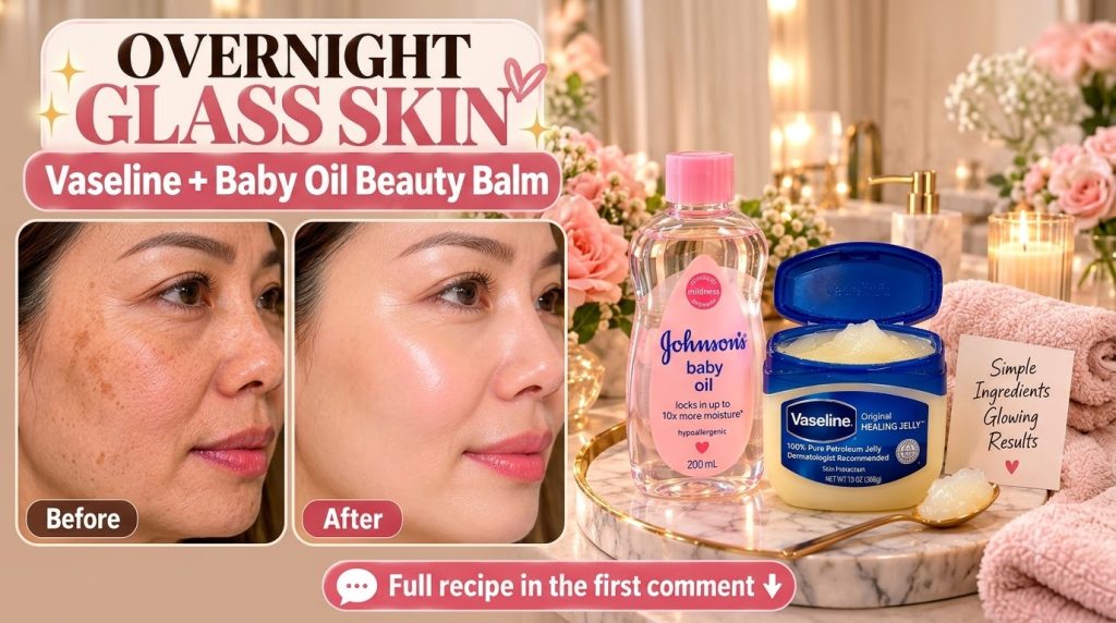 A split-panel before-and-after comparison of a woman s face showing a glass skin effect Below it Vaseline and Johnson s 