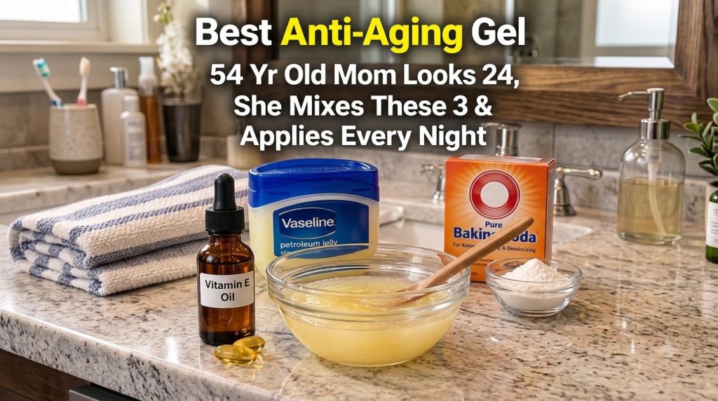 Ingredients for a DIY anti-aging gel Vaseline baking soda in a small bowl Vitamin E oil and capsules arranged next to a 