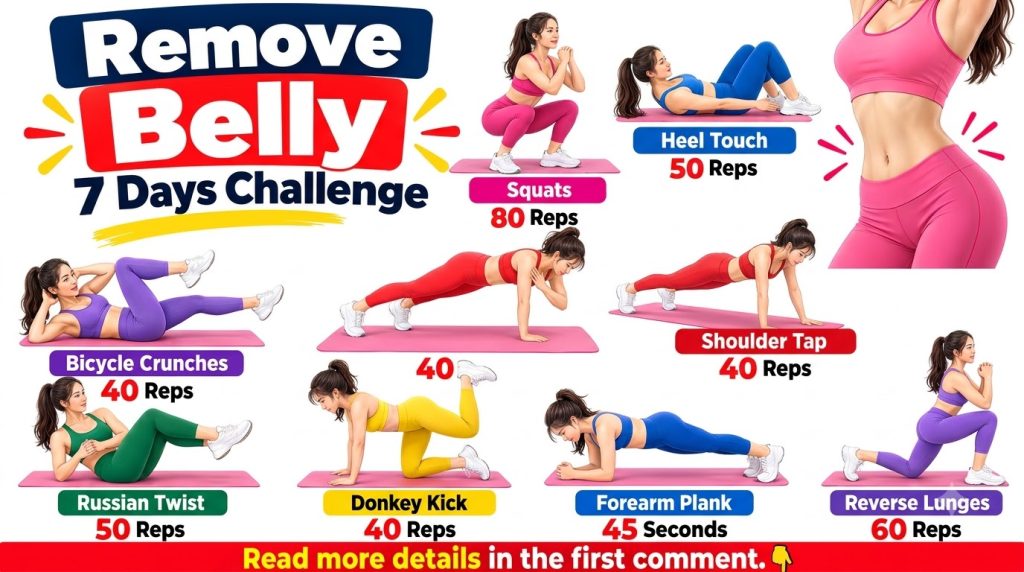 An instructional infographic showing a woman performing various core exercises like Bicycle Crunches Squats Shoulder Tap