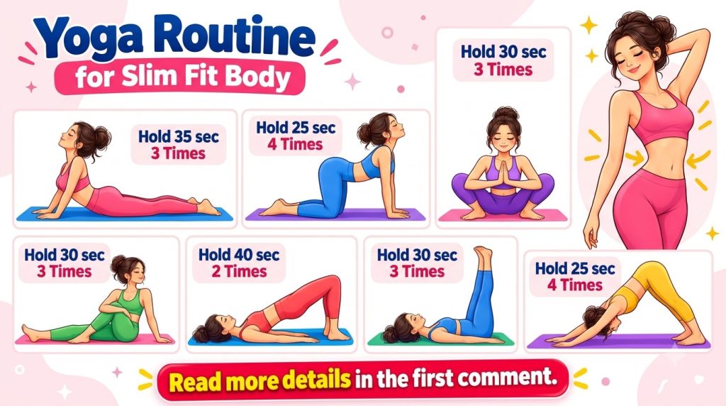 An infographic titled Yoga Routine for Slim Fit Body featuring a woman demonstrating eight different yoga poses with acc