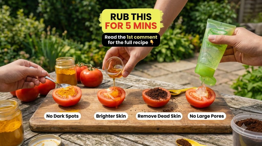 A four-panel collage showing halved tomatoes with turmeric honey coffee grounds and aloe vera gel being added to them se