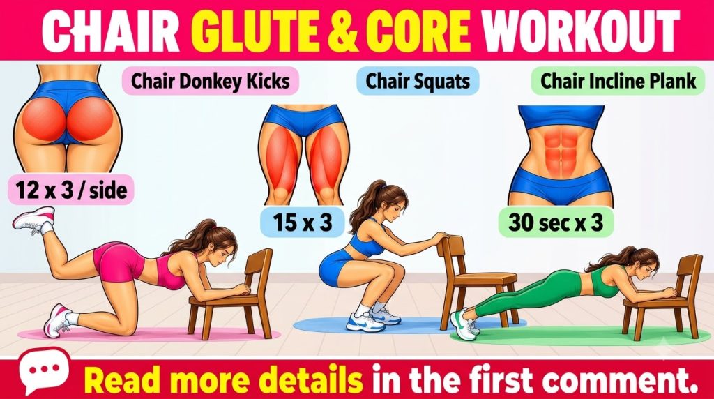 An infographic showing three chair exercises Chair Donkey Kicks Chair Squats and Chair Incline Plank with stylized figur