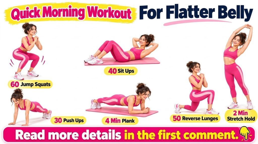 An infographic showing a woman demonstrating six different exercises for a quick morning workout including jump squats s