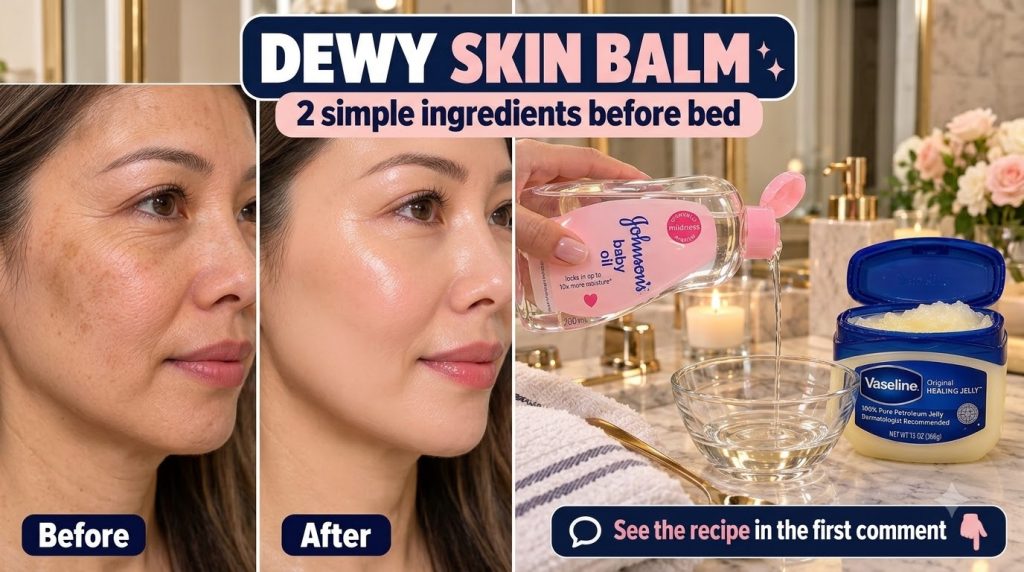A vertical collage showing a Before and After comparison of a woman s skin on the top half transforming from less radian