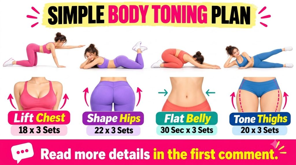 A four-panel fitness guide showing a woman performing exercises for the chest hips belly and thighs Each panel features 