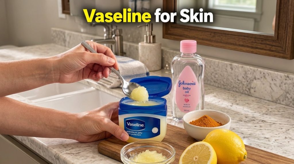 Hands scooping petroleum jelly from a container with lemons baby oil and turmeric powder on a wooden board nearby