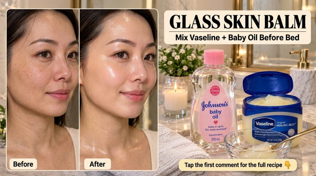 A Before After comparison showing a woman s face The Before side shows natural skin and the After side shows a glass ski