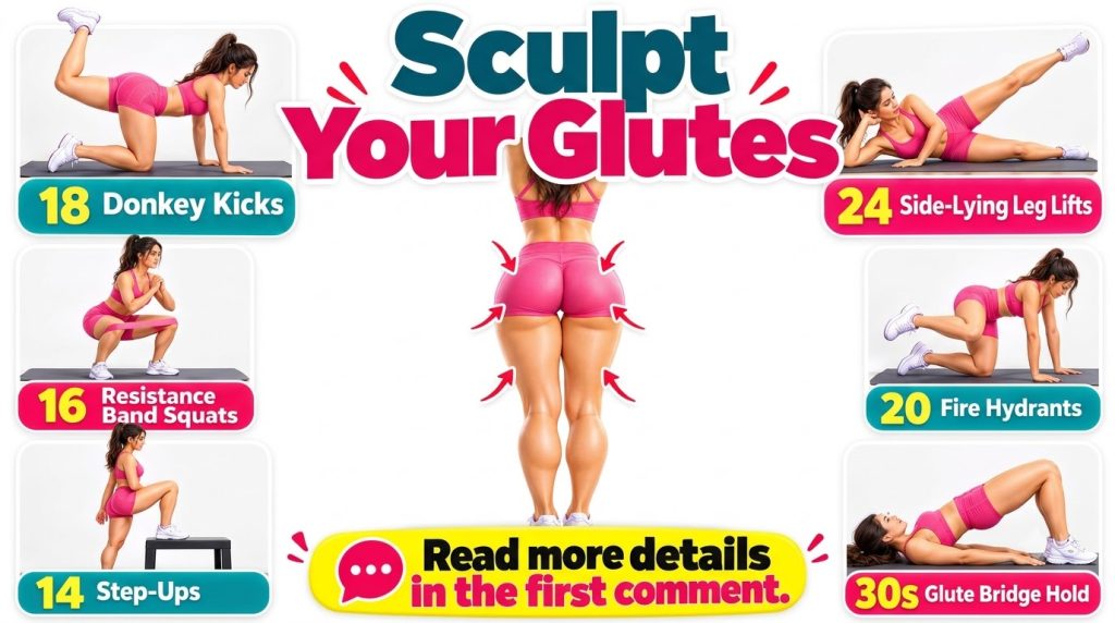 An instructional graphic showing a woman s lower body and six inset images demonstrating different glute exercises with 