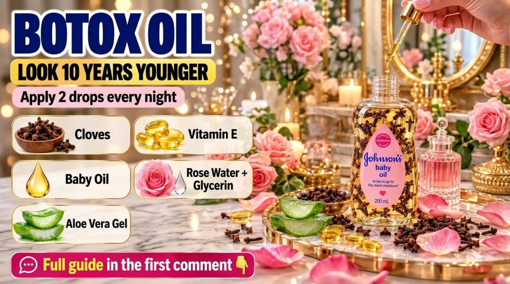 A bottle of Johnson s baby oil infused with cloves surrounded by natural ingredients like cloves sliced aloe vera and vi