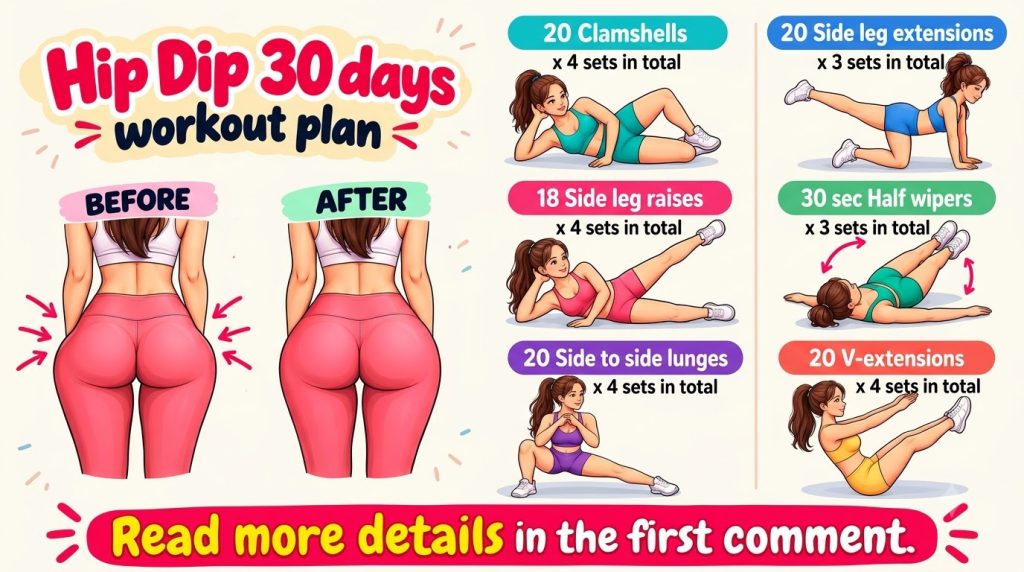 An infographic detailing a 30-day workout plan to achieve smoother hip contours featuring before and after comparisons a