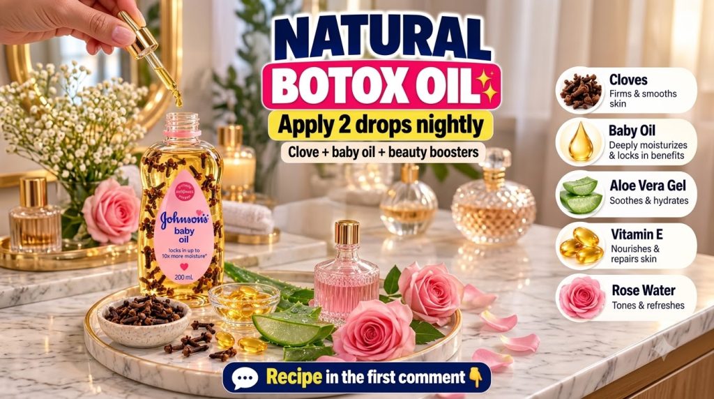 A bottle of Johnson s baby oil infused with cloves presented as a Natural Botox Oil A hand with a dropper is adding more
