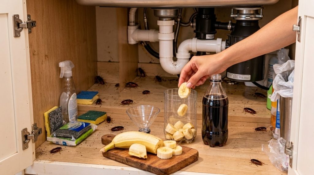 A hand dropping sliced banana into a plastic bottle under a kitchen sink with another bottle of dark liquid nearby and c