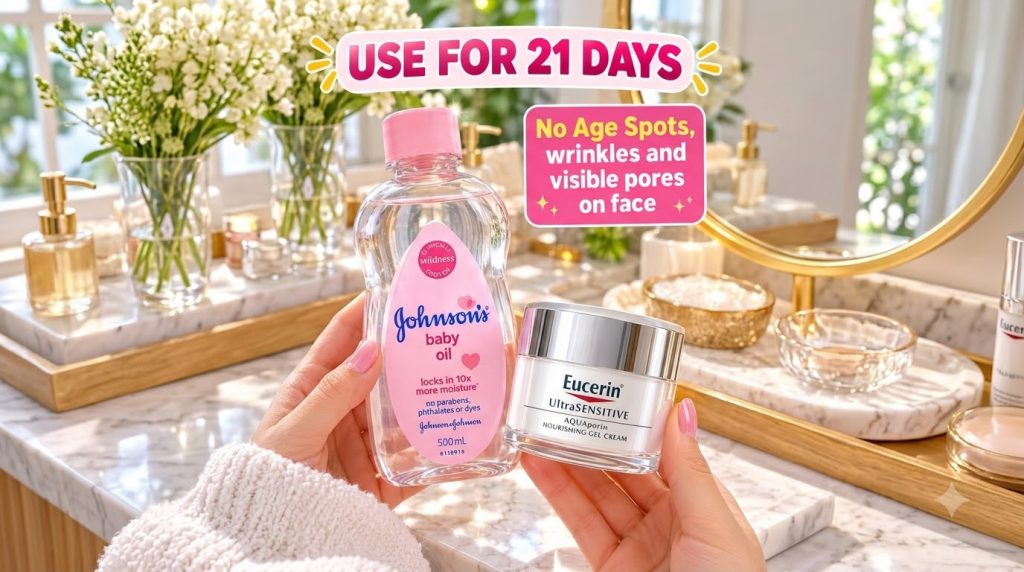 Hands holding a bottle of Johnson s baby oil and a jar of Eucerin UltraSENSITIVE AQUAporin Nourishing Gel Cream against 