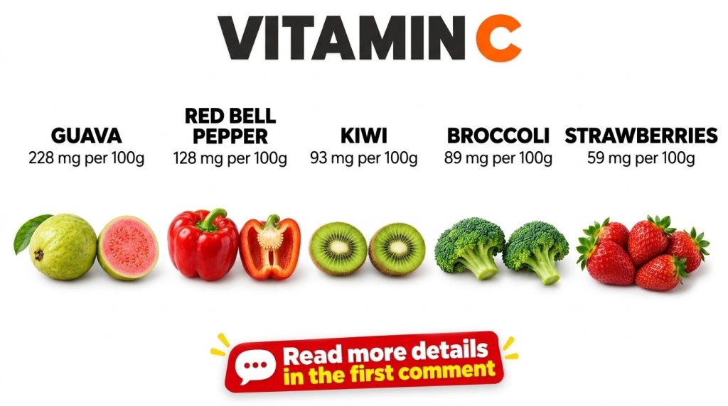 An informational graphic listing five different fruits and vegetables rich in Vitamin C guava red bell pepper kiwi brocc