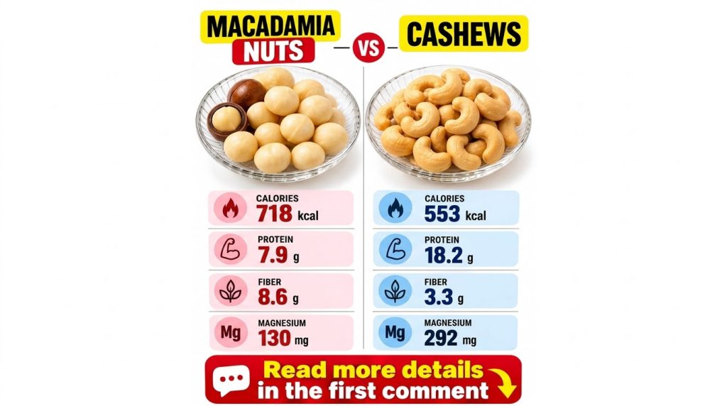 An infographic comparing macadamia nuts and cashews with two bowls of each nut and their respective nutritional facts ca