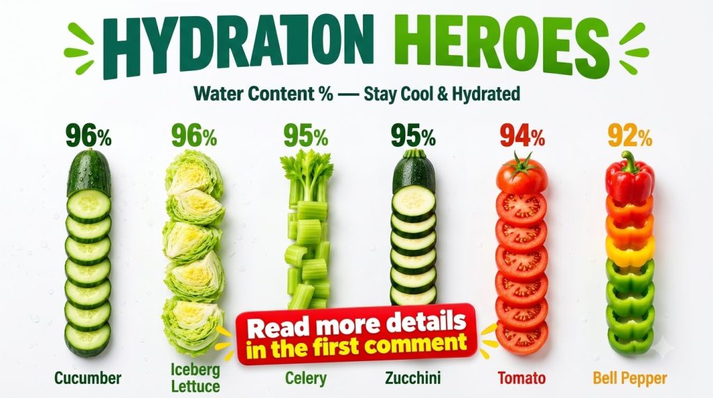 An infographic showcasing six Hydration Heroes vegetables cucumber iceberg lettuce celery zucchini tomato and bell peppe