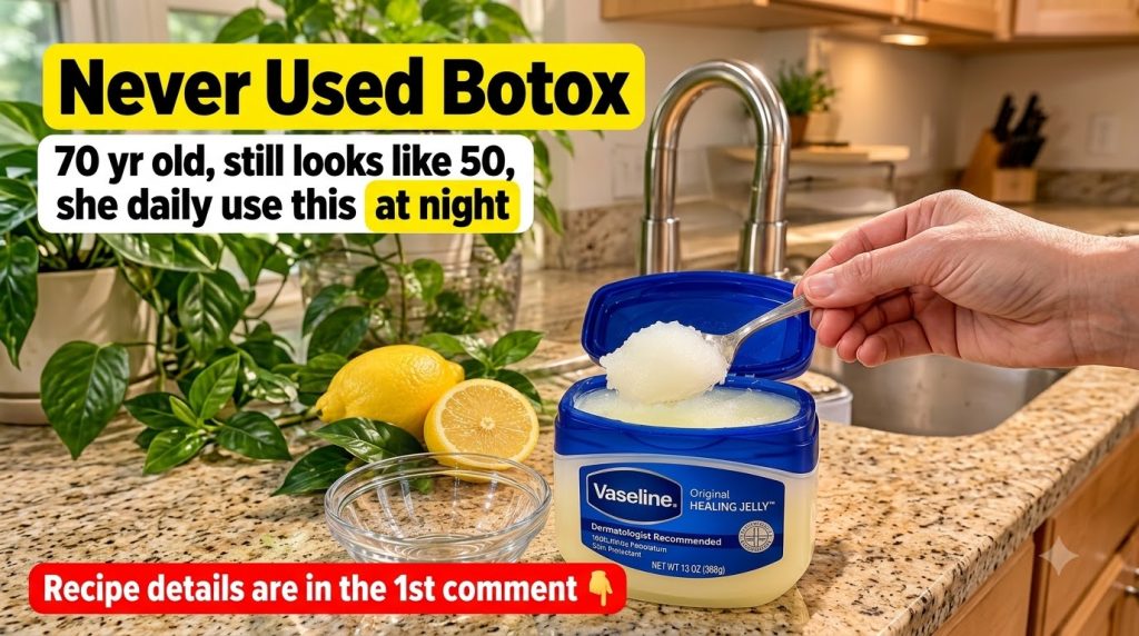 A jar of Vaseline whole and halved lemons a spoon and a small glass bowl on a speckled kitchen counter with a green plan