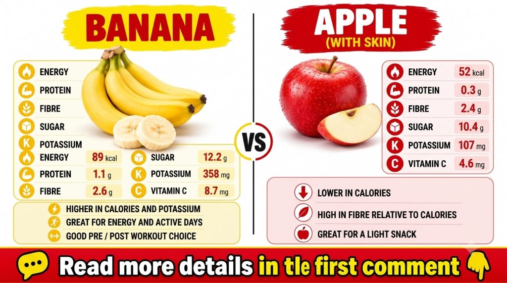 An infographic comparing bananas and apples with nutritional facts and benefits for each fruit side-by-side