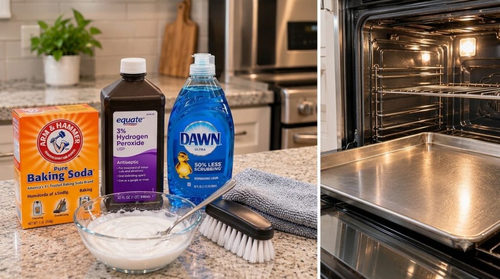 Before and after comparison of a dirty oven and baking sheet with cleaning ingredients like baking soda hydrogen peroxid