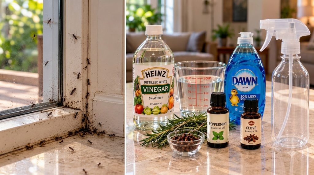 A cleaned window frame after ant infestation with natural cleaning ingredients like vinegar essential oils and spices on