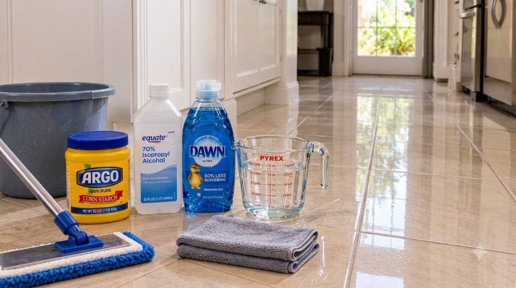Before and after comparison of a dirty tiled floor transformed into a sparkling clean one alongside the cleaning ingredi