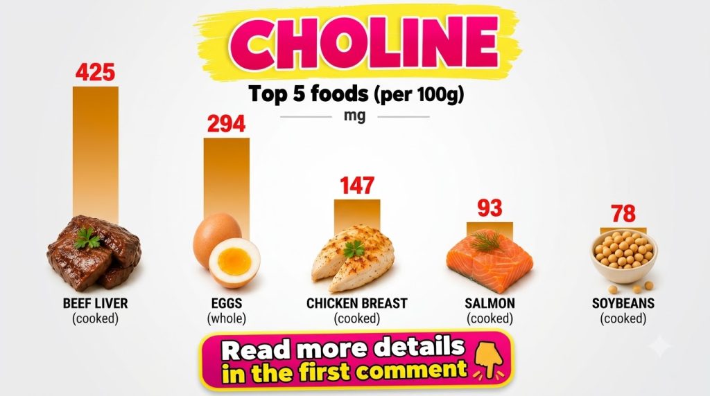 Infographic showing the top 5 foods for choline content per 100g with bar charts and images of beef liver eggs chicken b